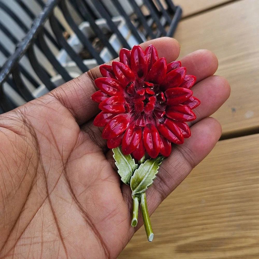 Vintage Red Enamel Painted Flower On Stem Brooch Pin‎ 3.54